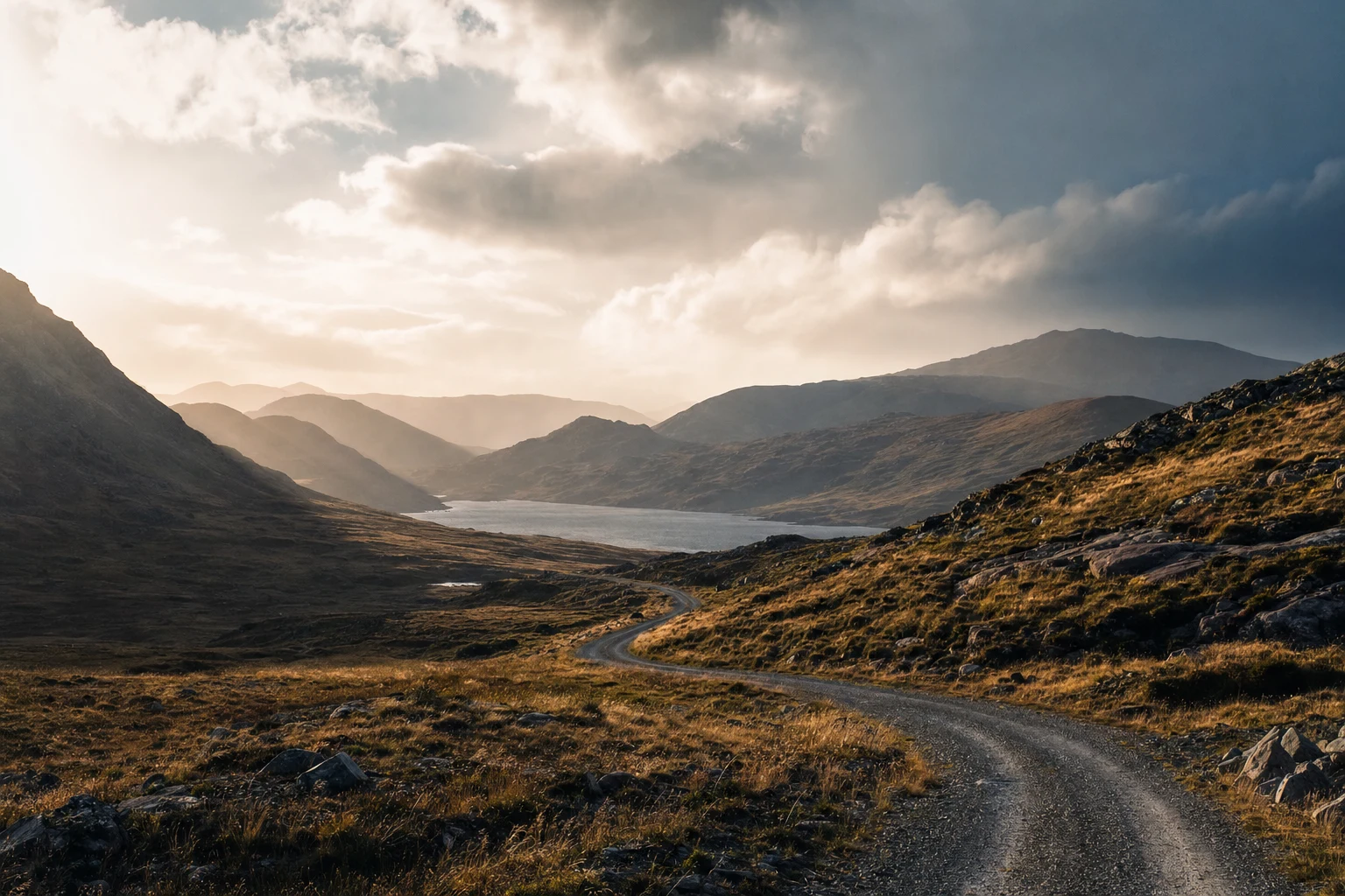 A winding gravel road through a highland landscape beneath a large luminous sky.