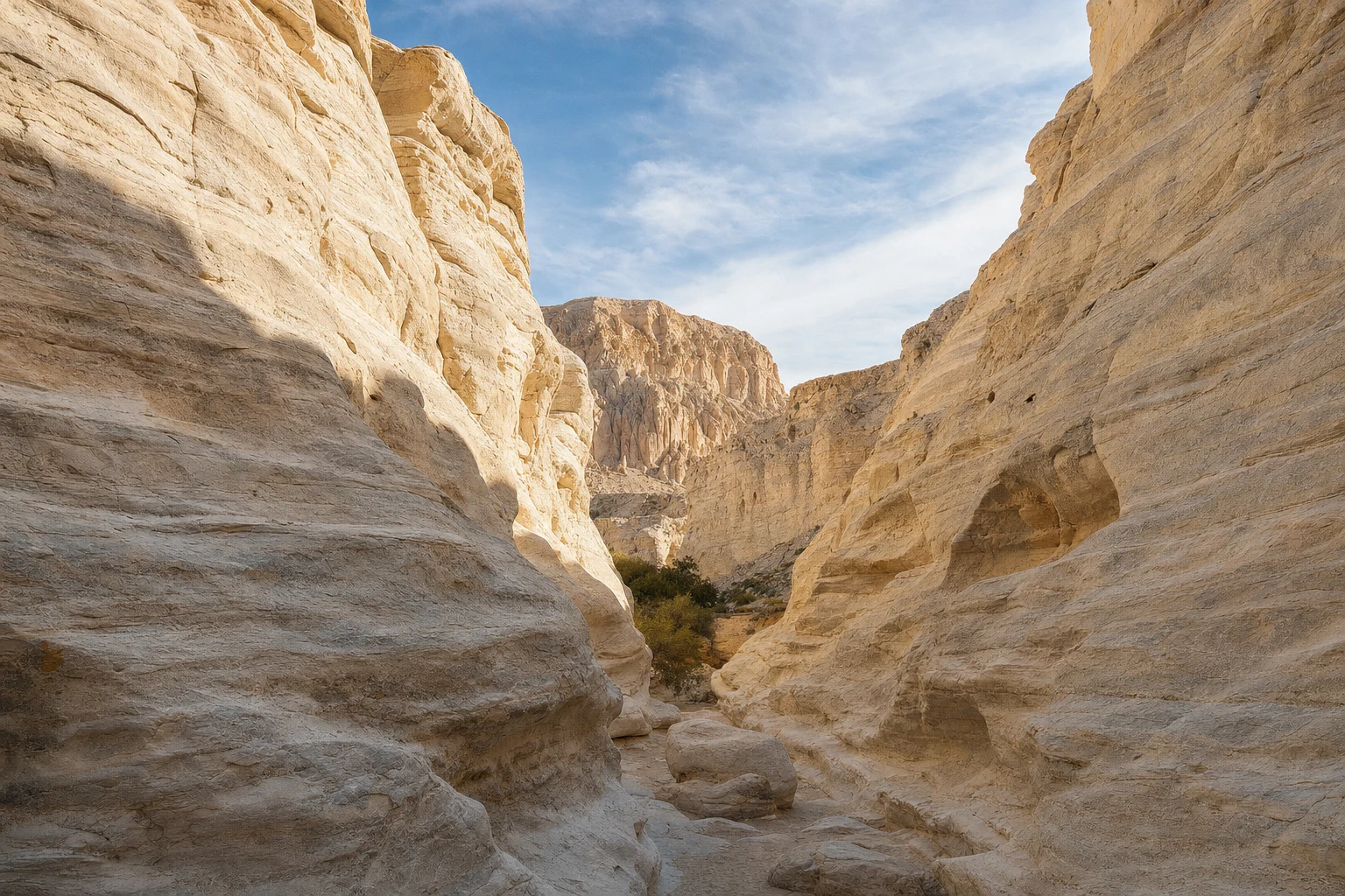Minimal white limestone canyon with warm sunlight and a narrow blue sky, shown in a wide editorial landscape composition.