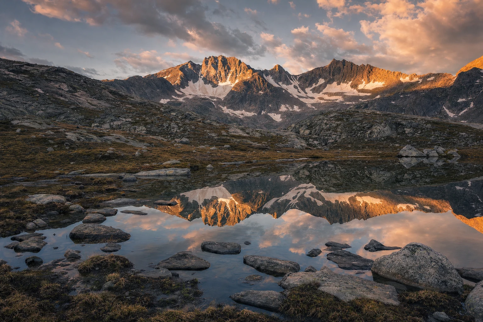 Un lago alpino alto reflejando una cordillera con luz dorada suave en su borde superior.