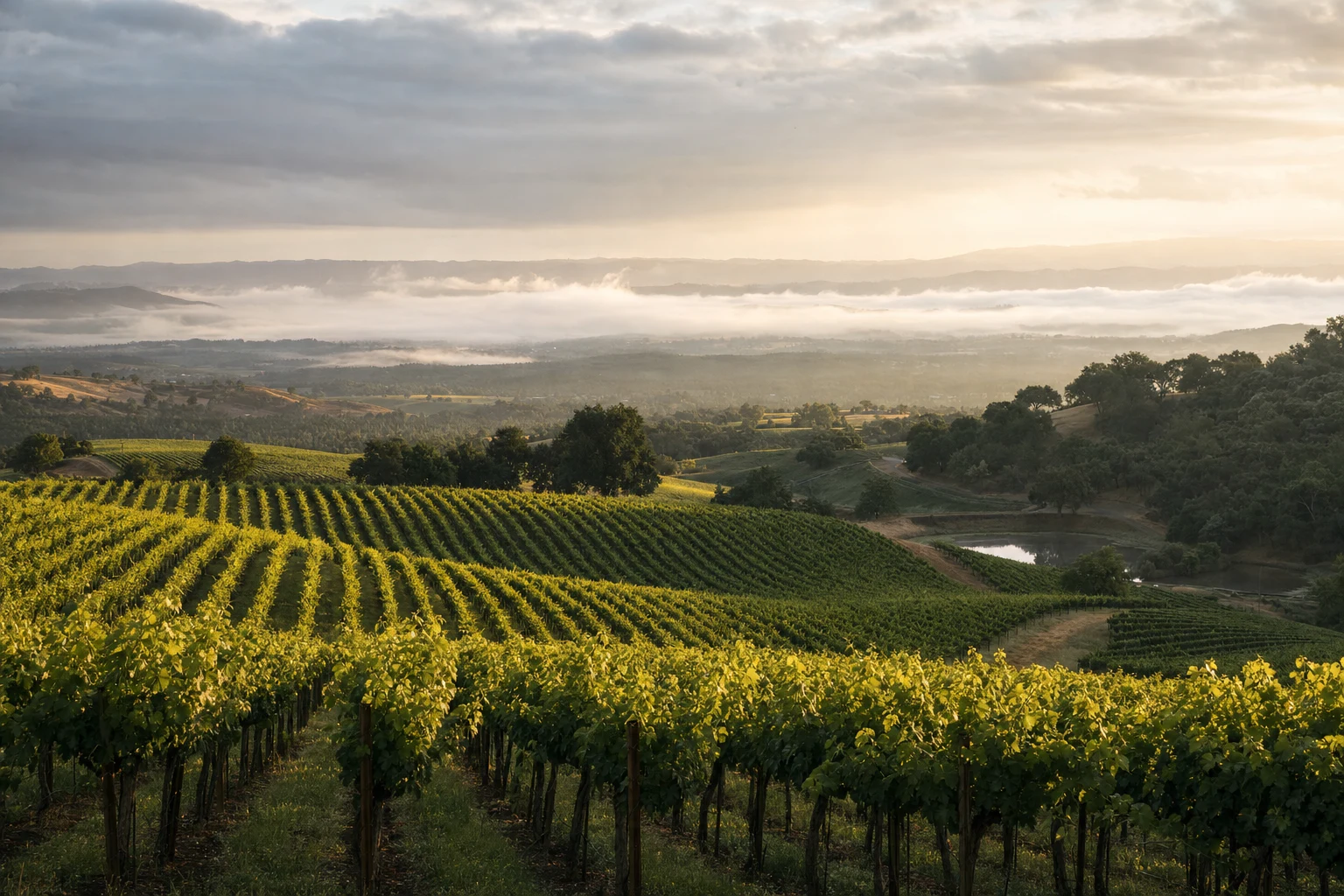 Ordered rows of vineyards rolling into a distant valley under soft morning clouds.