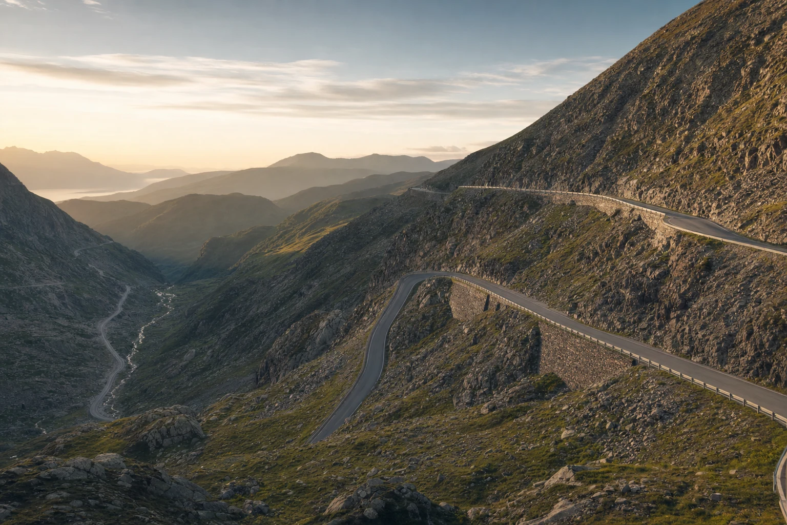 A photorealistic mountain pass landscape with two roads at different elevations under soft morning light, layered horizons, and subtle atmospheric depth.