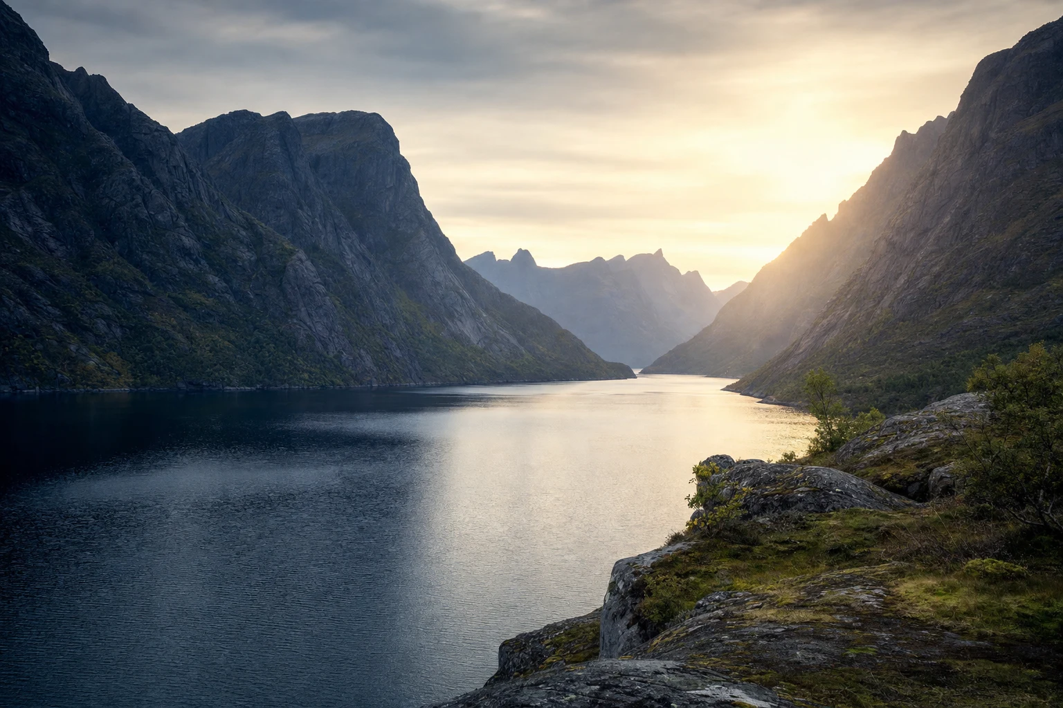Wide editorial landscape of a quiet fjord inlet between dark granite mountains at dawn