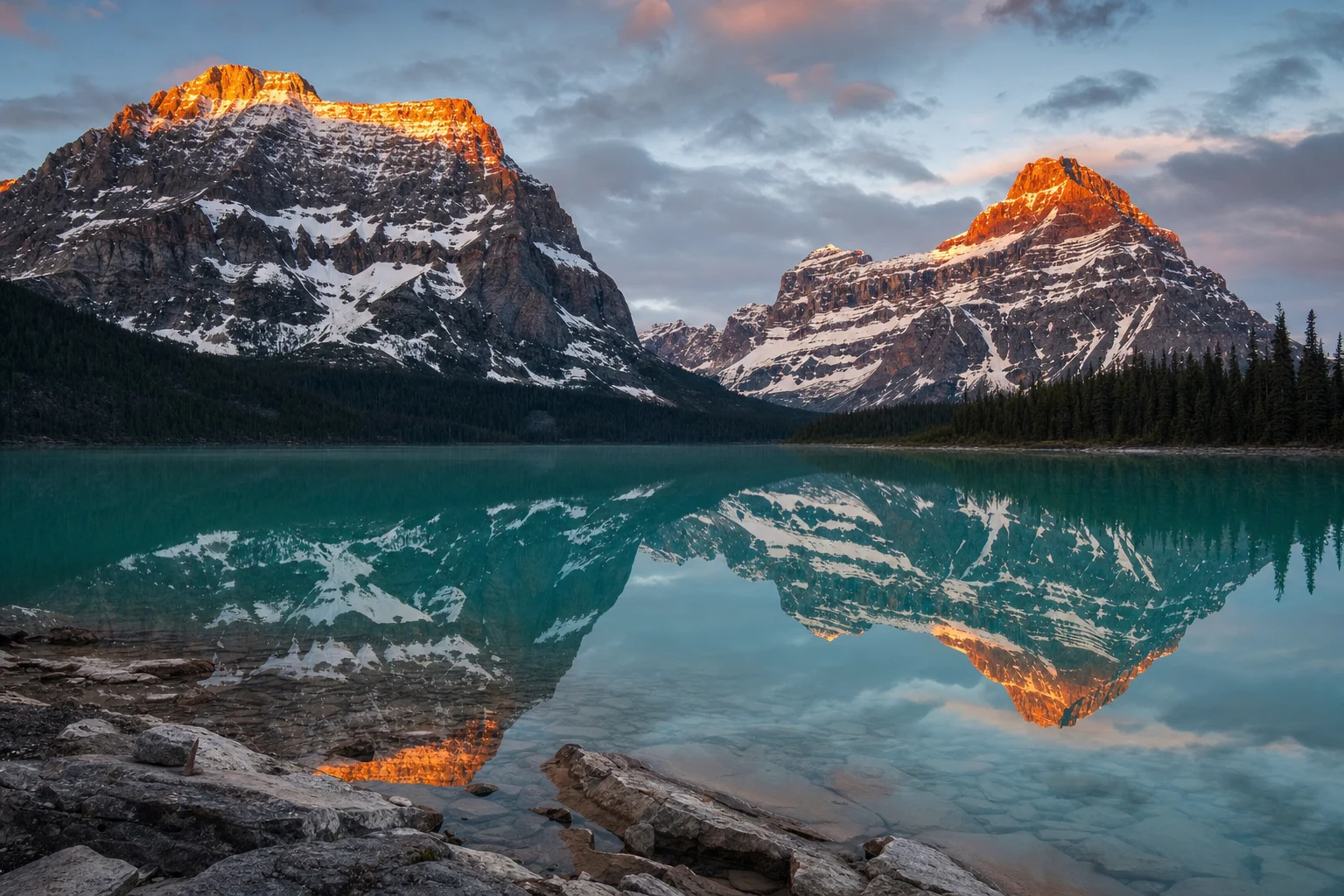 Two mountain summits reflected in a still turquoise lake at dawn, with layered ridgelines and soft atmospheric light in a wide editorial landscape.