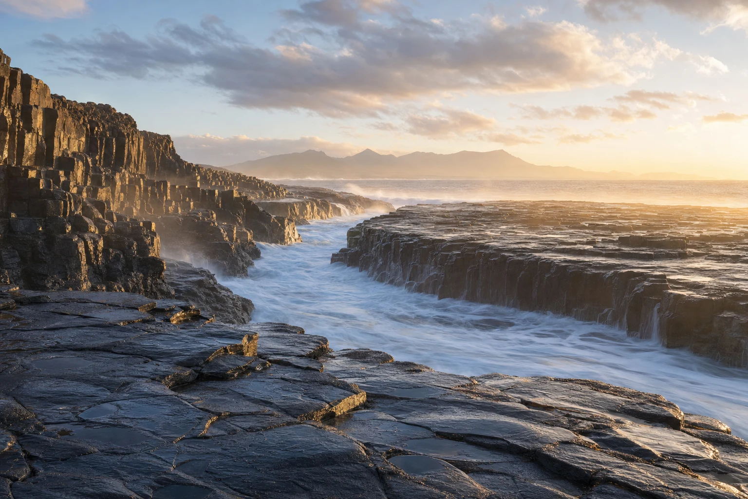 A high-end coastal basalt plateau at sunrise with sea mist over dark stone terraces and a narrow ribbon of tidewater under clean, layered light.