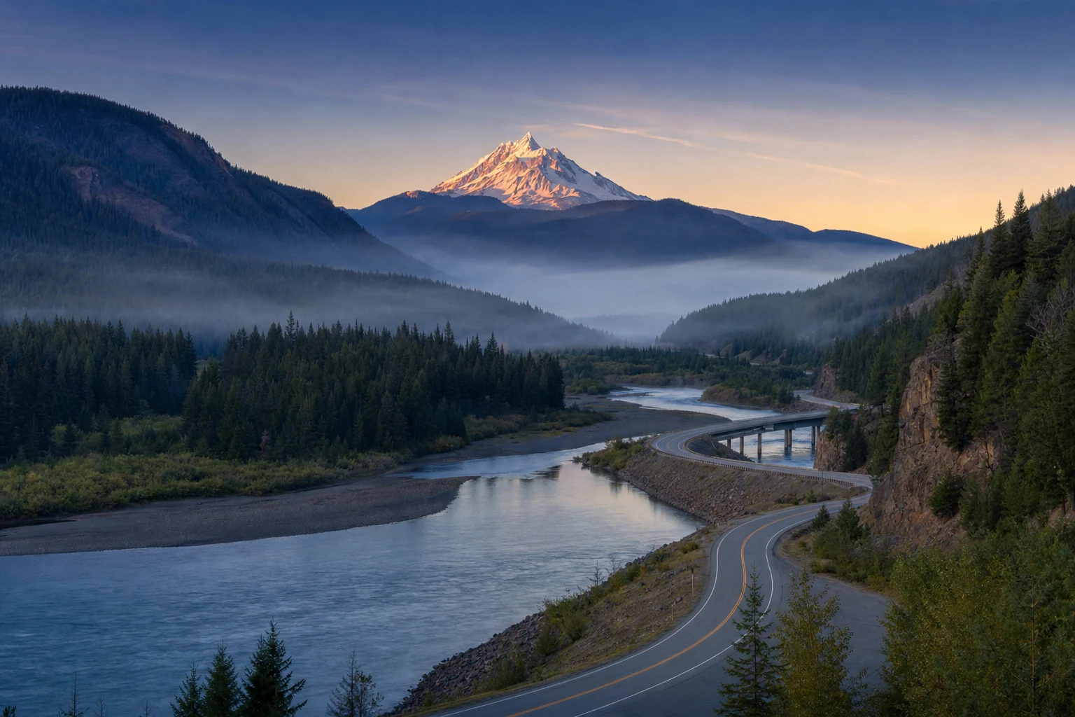 A wide alpine valley at blue hour with a winding road beside a calm river, mist in dark pine ridges, and a distant snow-capped peak catching first dawn light.