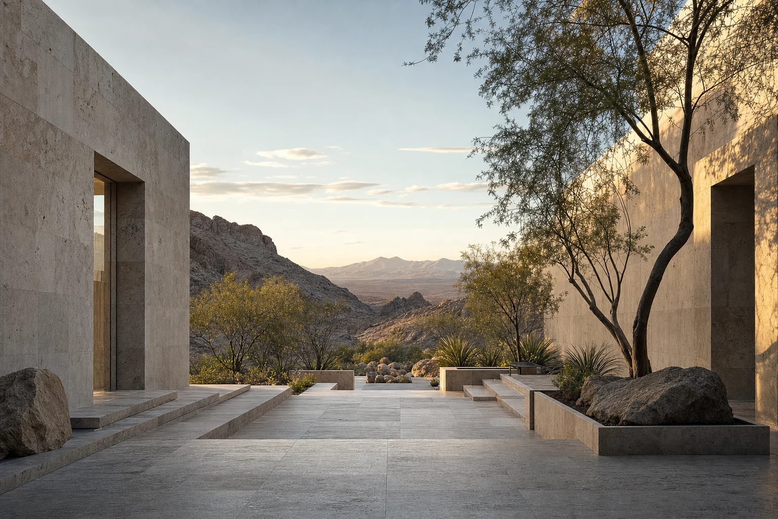 Modern empty stone courtyard opening toward a desert mountain horizon, with layered natural light and a clean editorial landscape composition.