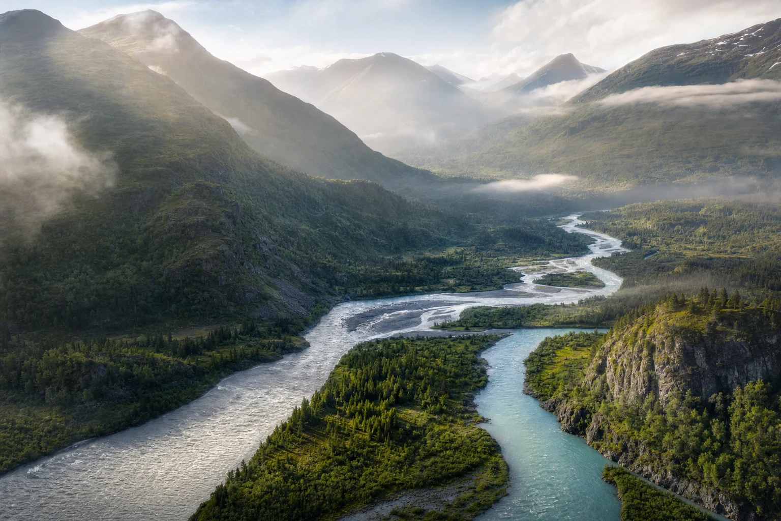 Two rivers joining in a green mountain valley under pale morning mist, seen from a high aerial viewpoint