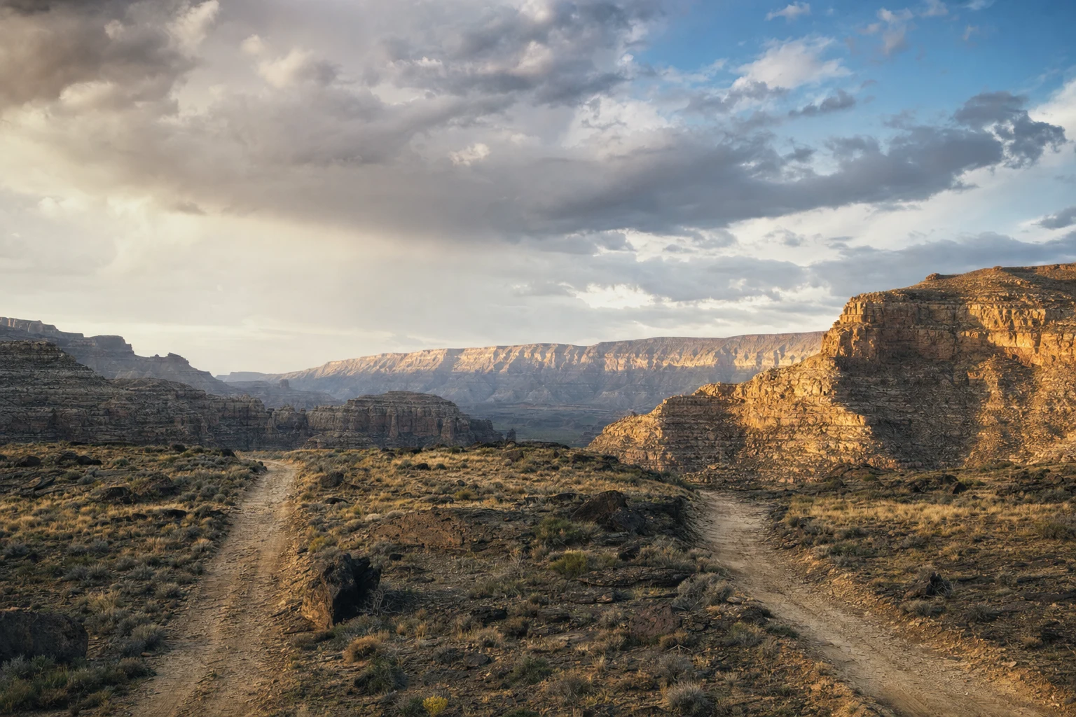 A wide high-desert plateau with two weathered canyon paths converging toward a distant sunlit ridge under a broad sky and layered rock formations.