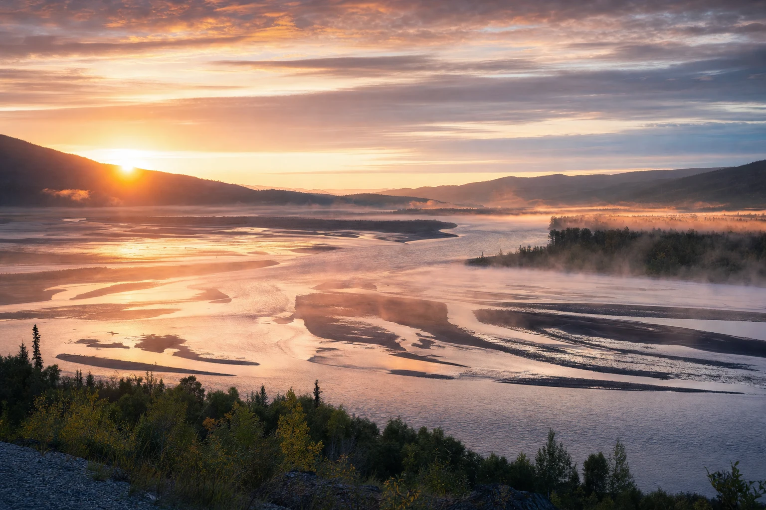 Un delta de río al amanecer con canales entrelazados que reflejan una luz suave en tonos durazno y dorado, niebla baja sobre el agua y colinas oscuras a lo lejos bajo un cielo amplio.