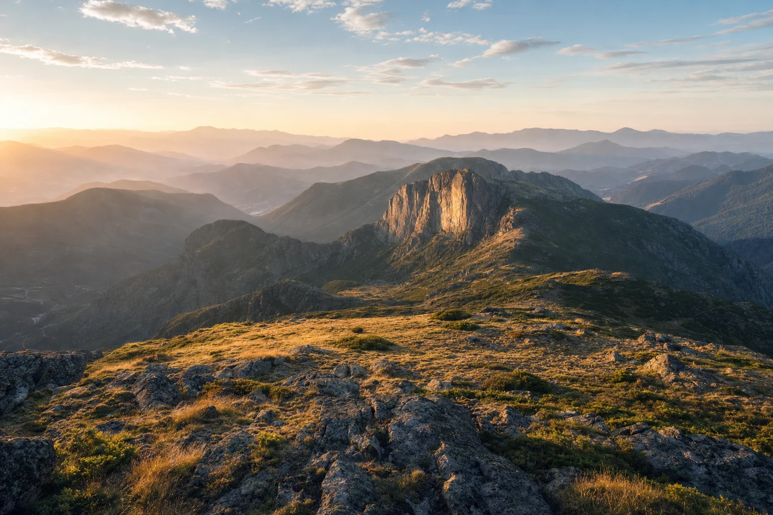 Una meseta montañosa panorámica con un solo punto de vista claro sobre cordilleras lejanas, en una composición editorial amplia.