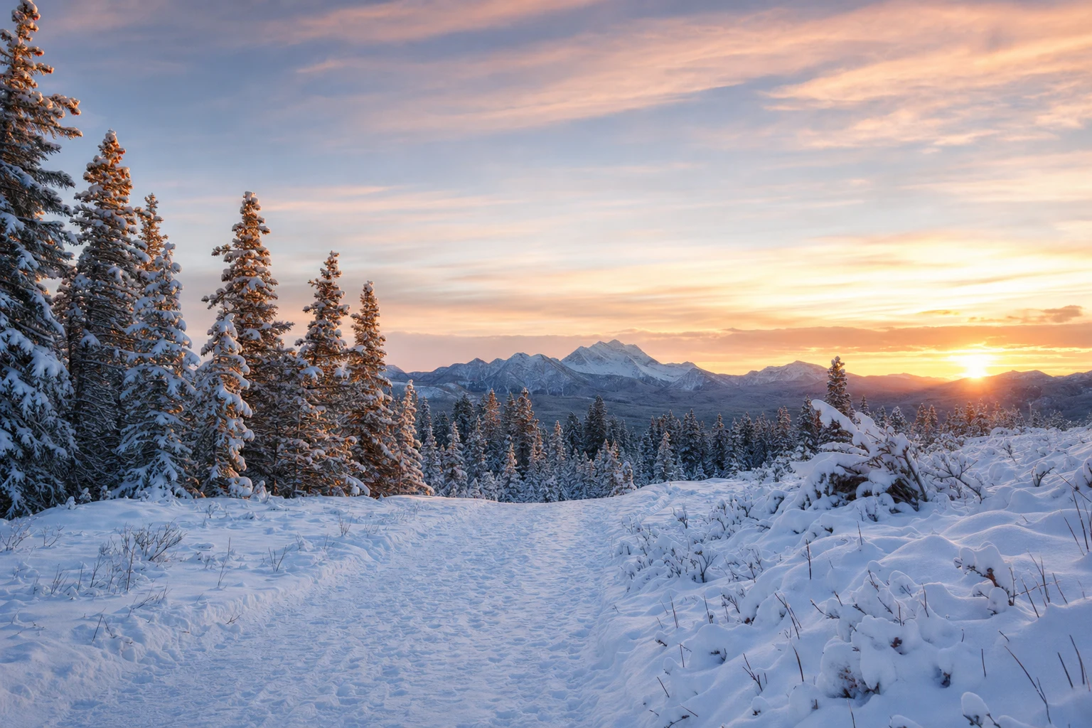 Quiet snowy forest at sunrise with a clear trail and pink-gold sky.