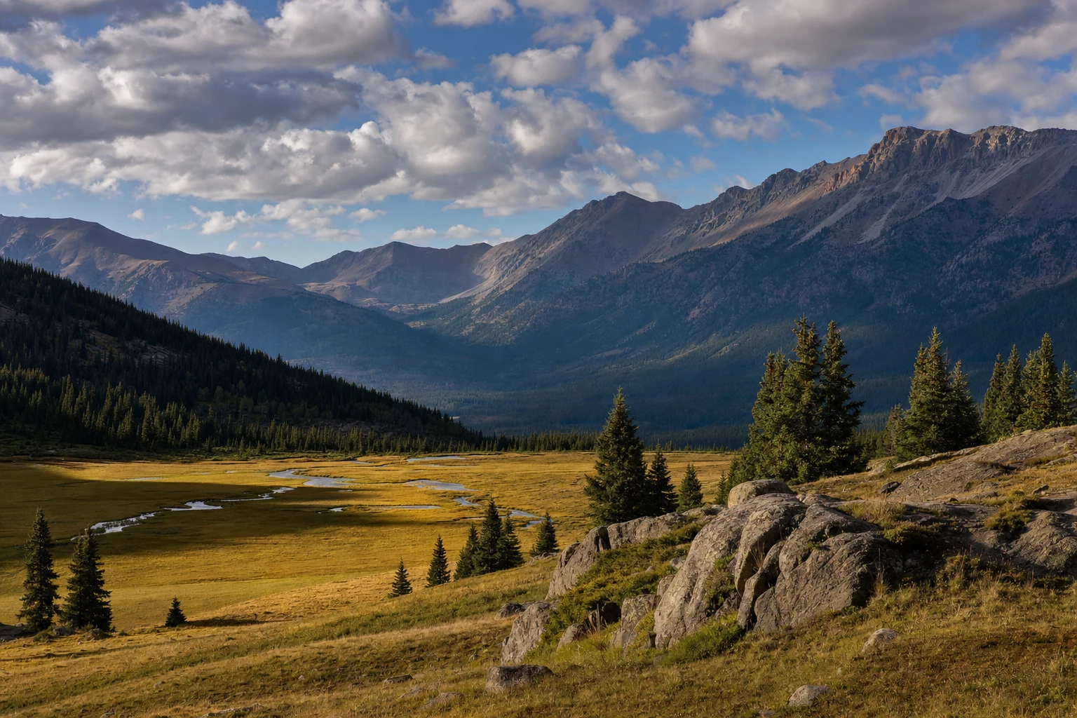A wide editorial landscape of a quiet valley divided between sunlit grassland and cool mountain shade.