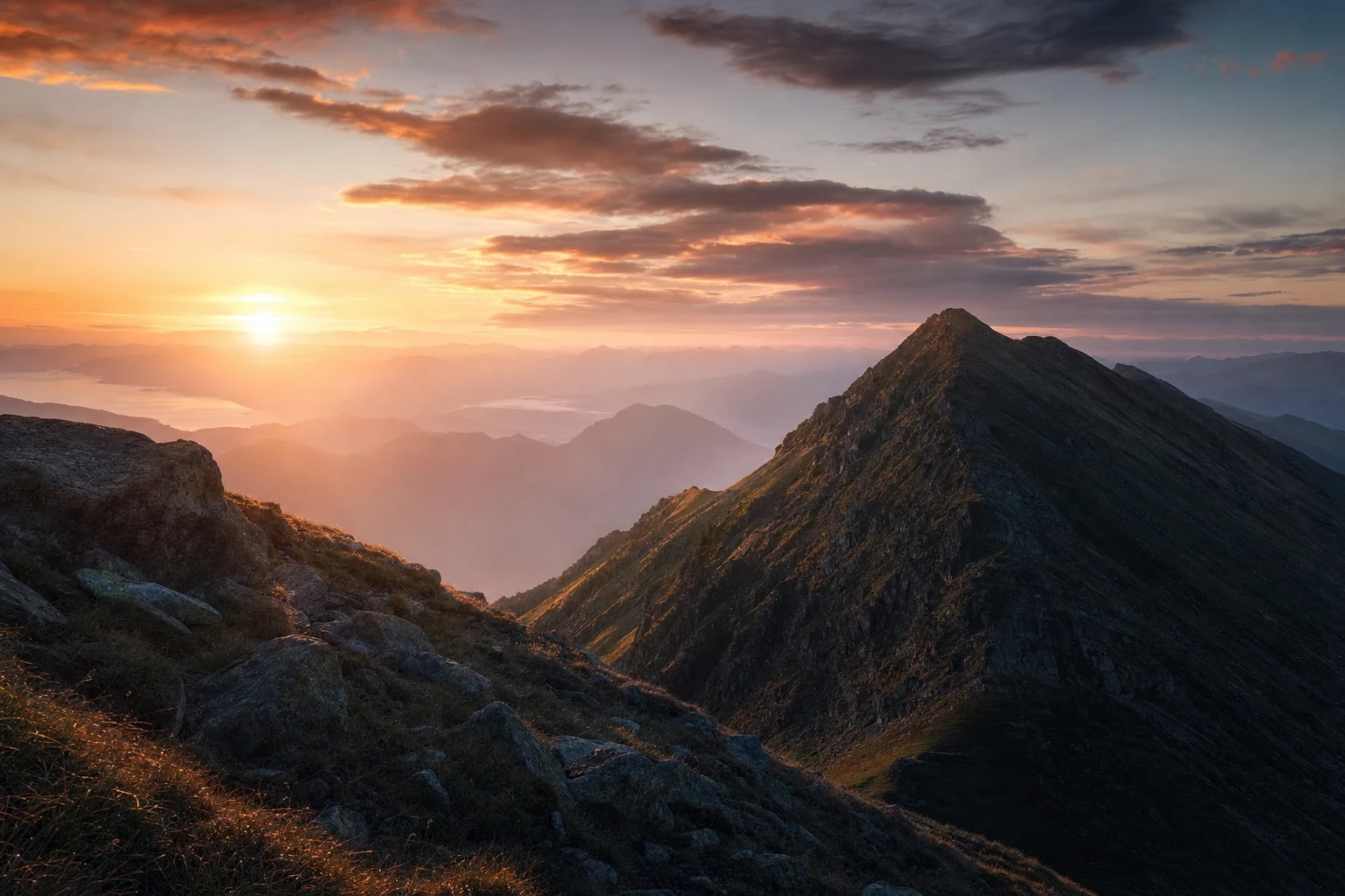 A glowing dawn line meeting the shadow side of a broad mountain ridge.