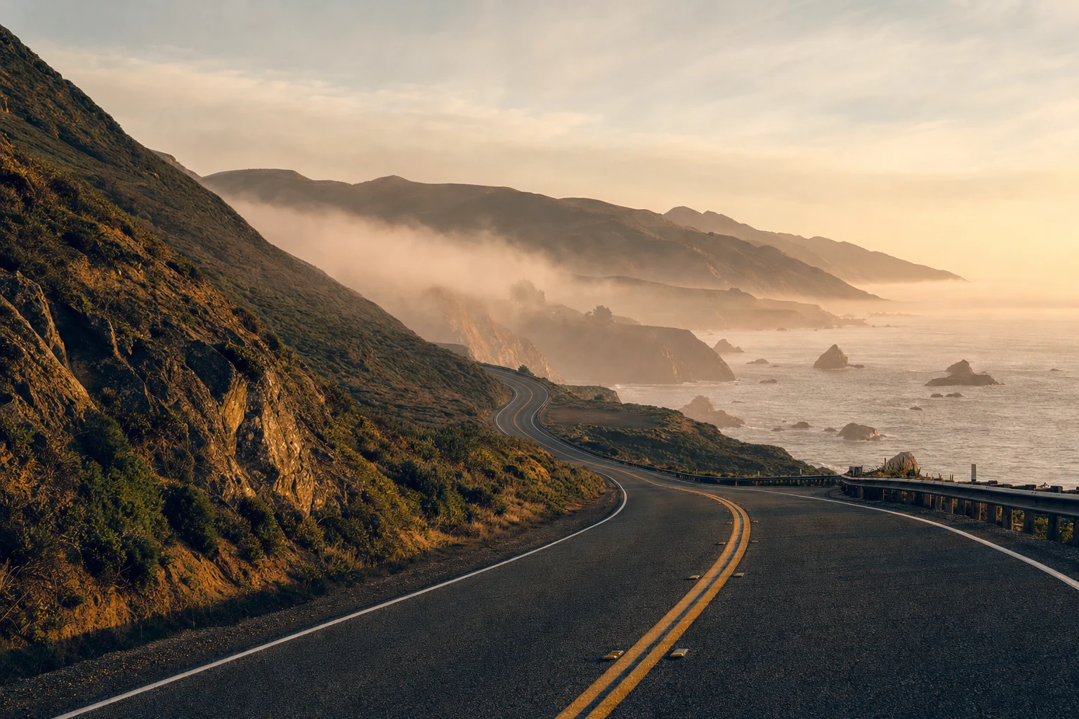 Una carretera costera larga emerge de la niebla hacia una cálida luz de la mañana