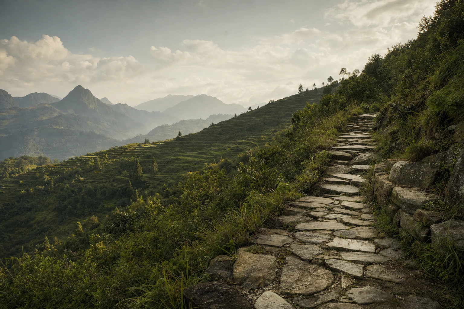 A rising stone trail climbs a green hillside with layered terraces under soft natural light.