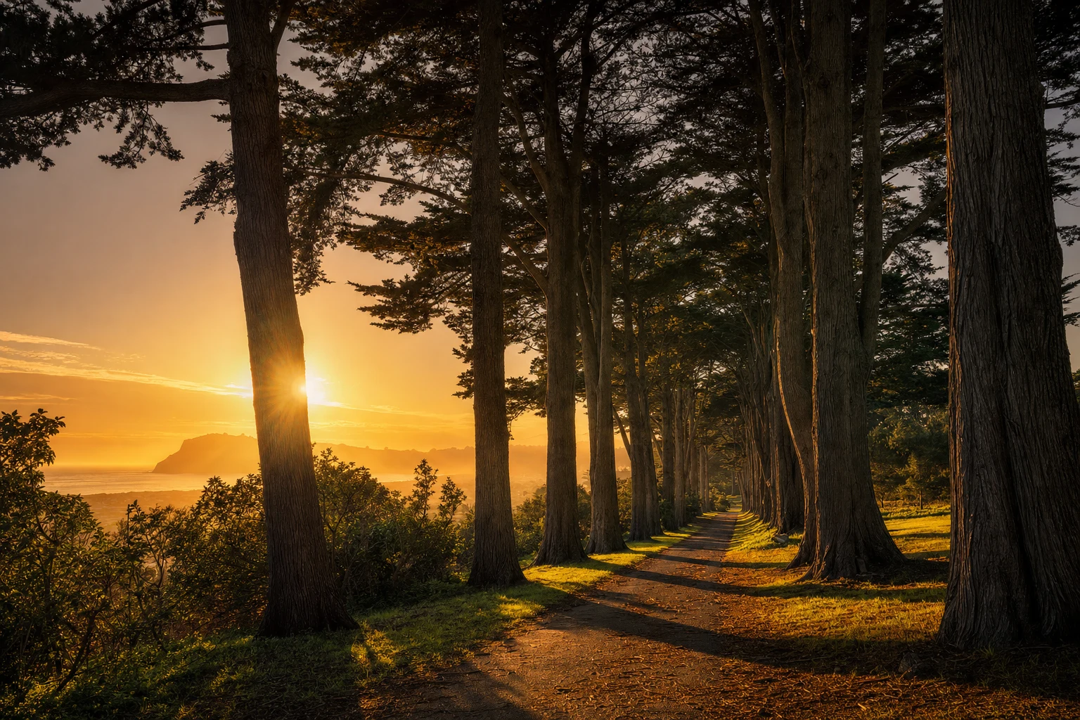 A sunlit path through cypress trees leading toward a distant warm horizon.