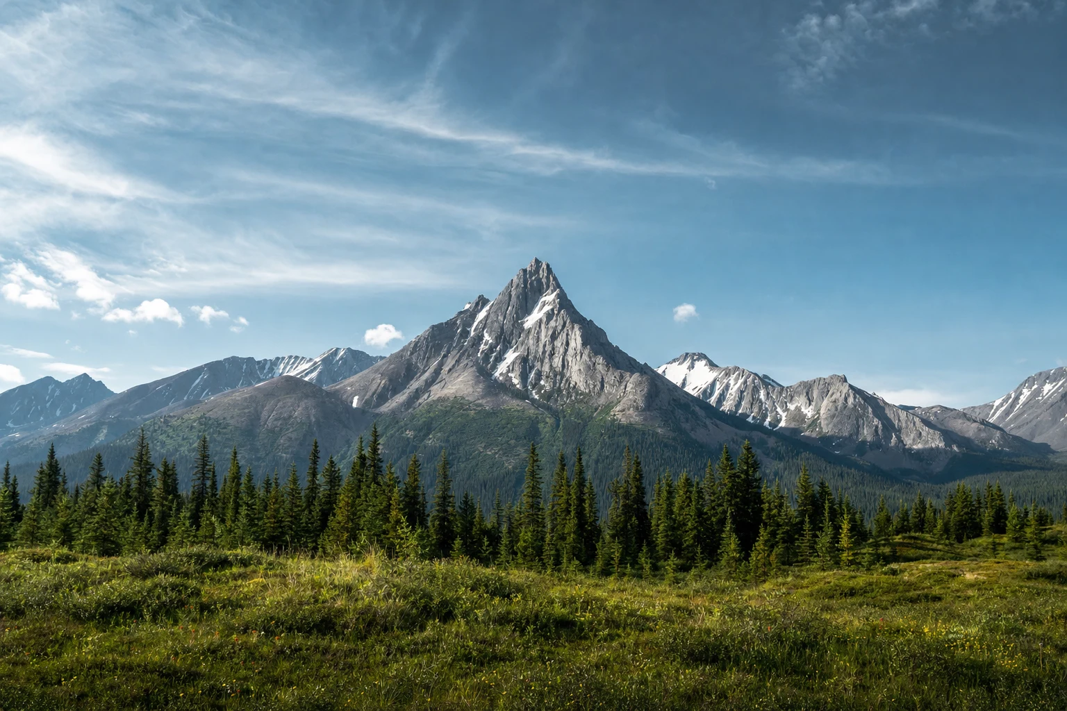 Minimal alpine meadow with one sharply defined peak under a broad blue sky