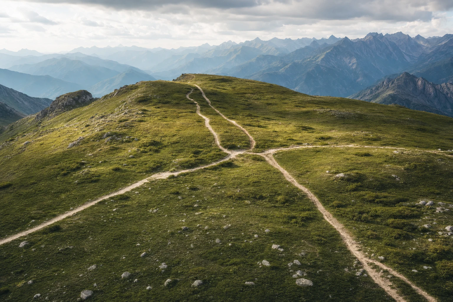 Aerial view of intersecting mountain trails crossing a green plateau with layered terrain and soft natural light