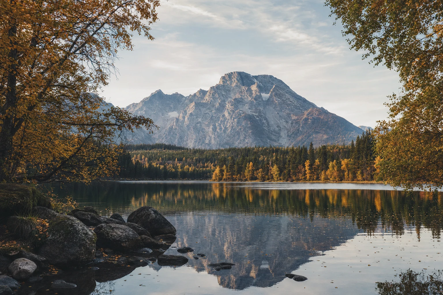 Una montaña distante reflejada en un lago tranquilo, enmarcada por árboles otoñales bajo una luz natural suave.