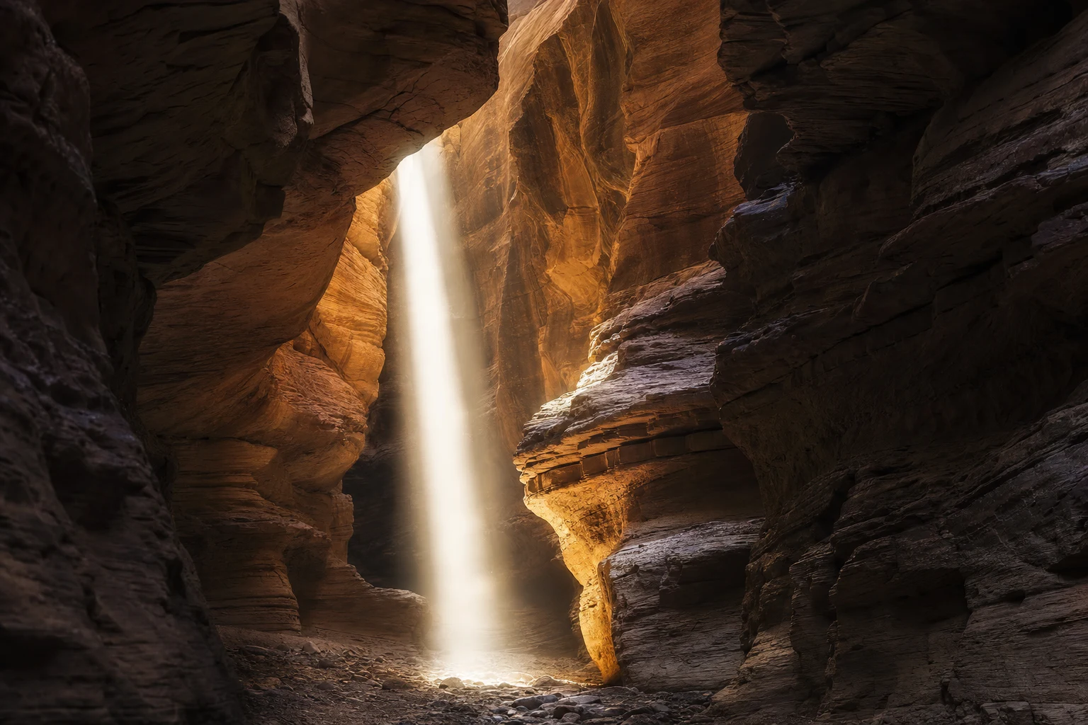 Weathered sandstone layers in a narrow canyon with a clean shaft of daylight