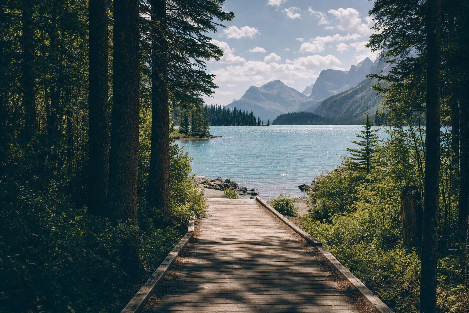 Un sendero de madera sale de un bosque sombreado y se abre hacia un lago luminoso bajo luz natural.