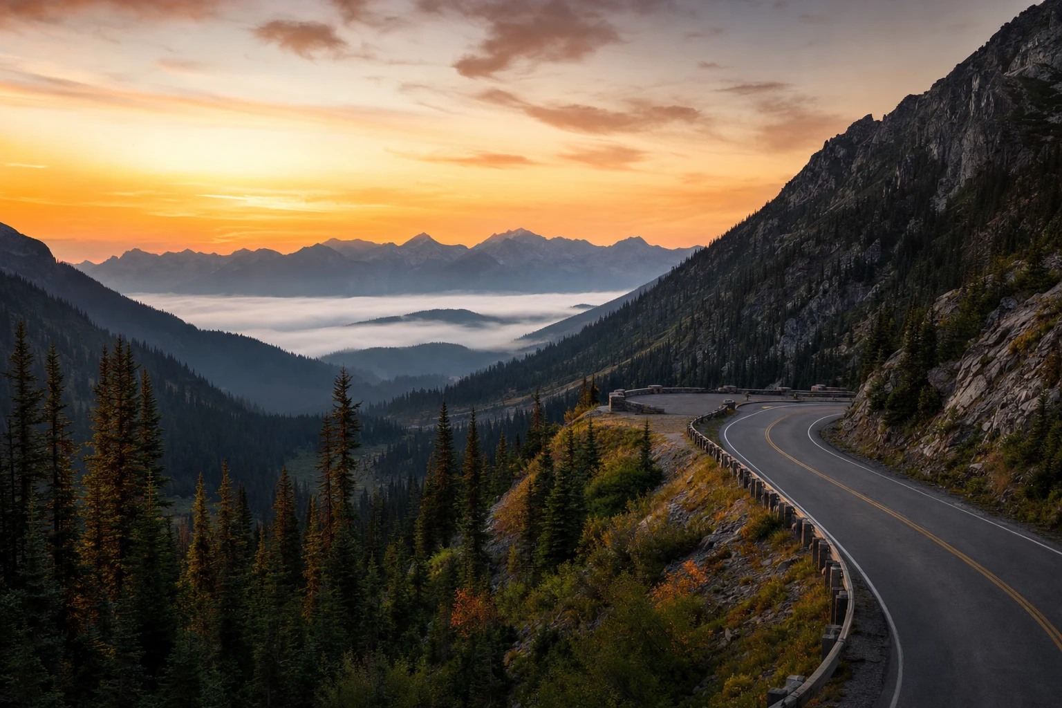 A quiet mountain pass at first light with a curving paved road, dark pine ridges, pale fog in the valley, and a wide sunrise sky beyond the overlook.