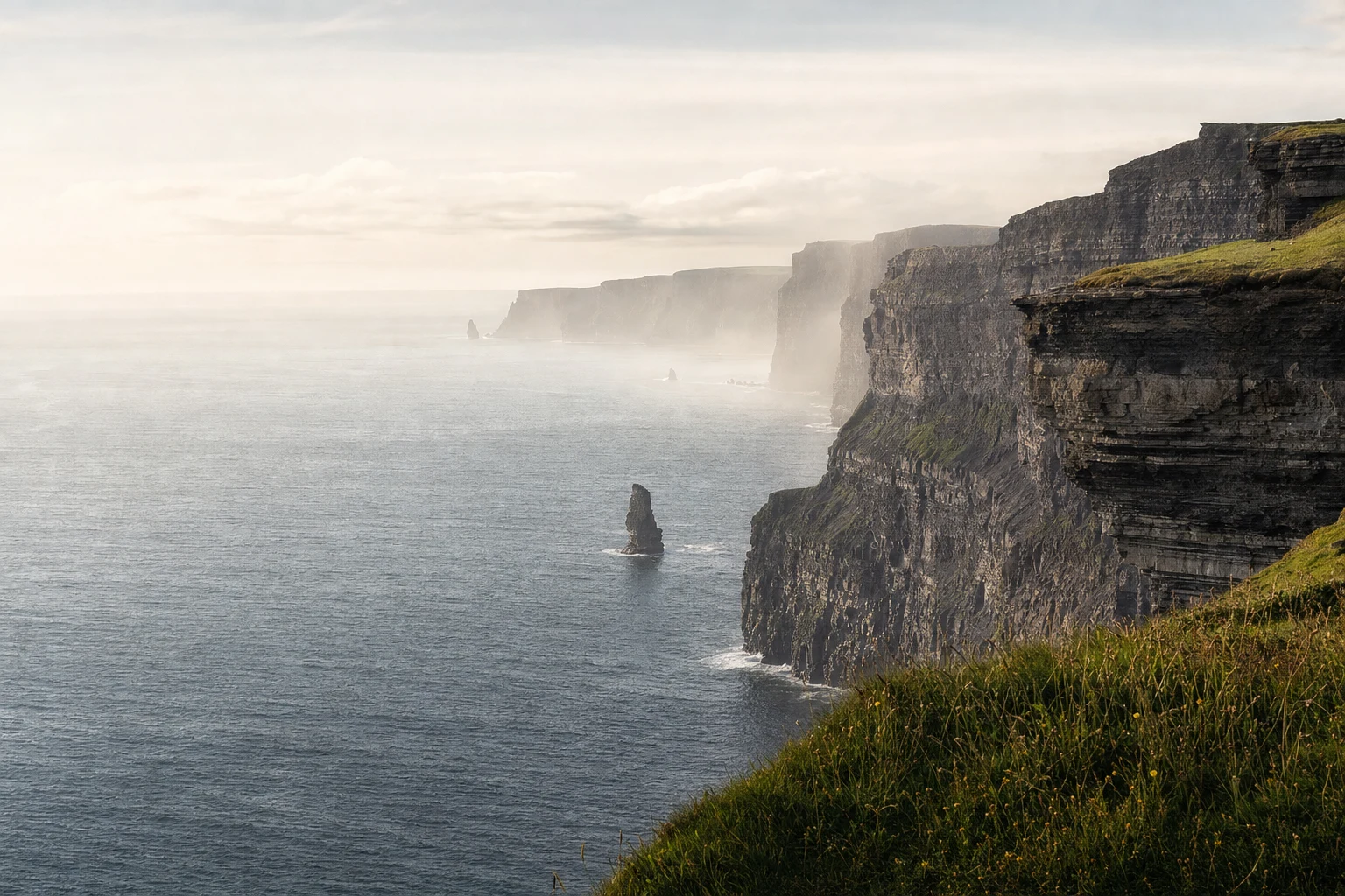 Ancient layered cliffs rise above a calm sea, with delicate fog separating distant forms under soft natural light.