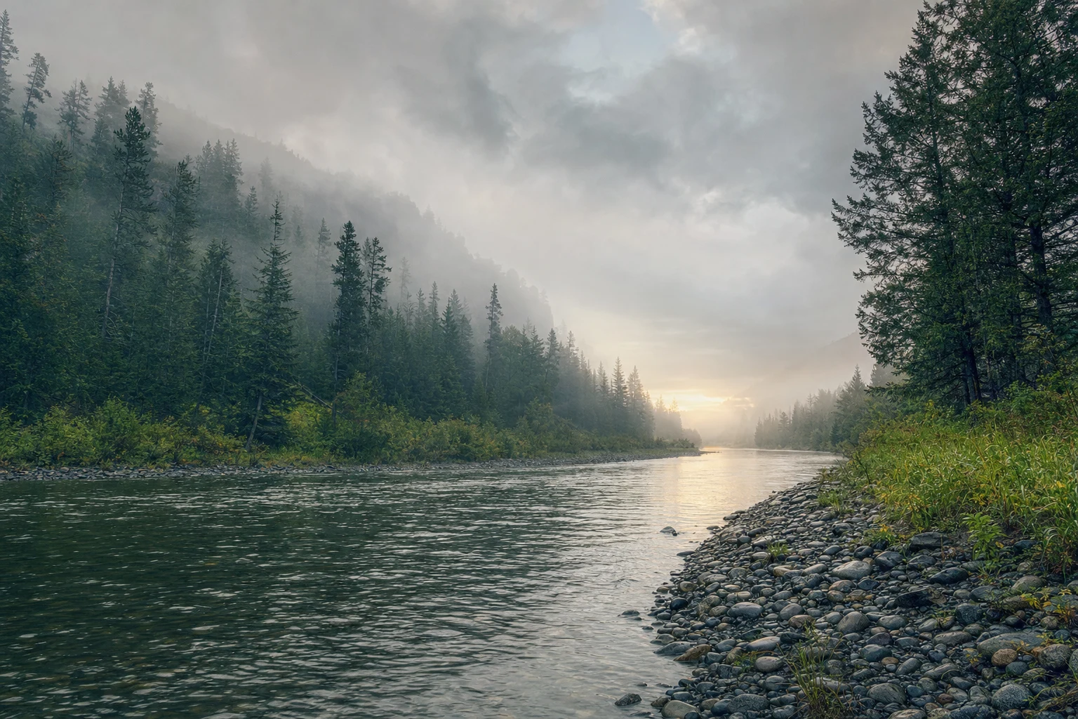 Photorealistic landscape of a quiet river bend beneath misty forest with a small opening toward the horizon, wide natural scene with layered light and atmosphere.