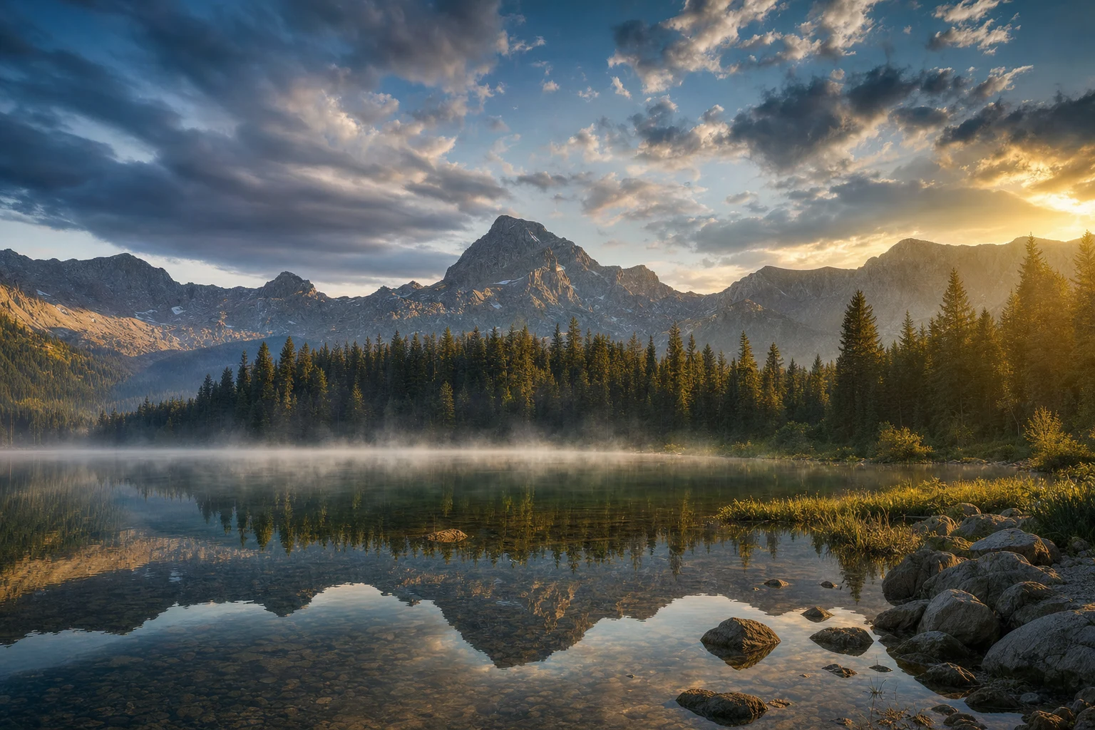 A panoramic mountain lake at golden hour with pine forest reflections, soft mist over the water, and dramatic clouds over distant peaks