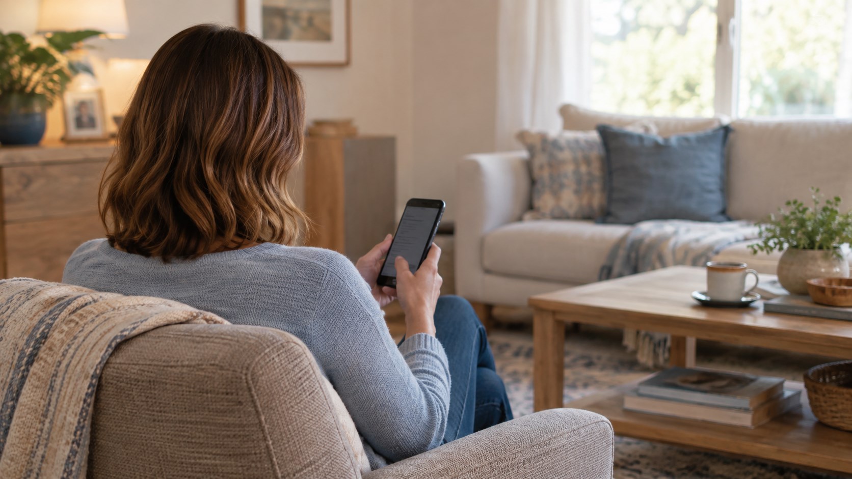 Una clienta en casa, vista de espaldas para mantener su rostro en privado.