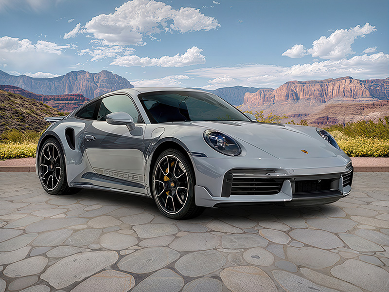 El mismo Porsche presentado con un paisaje de ca??n de fondo.