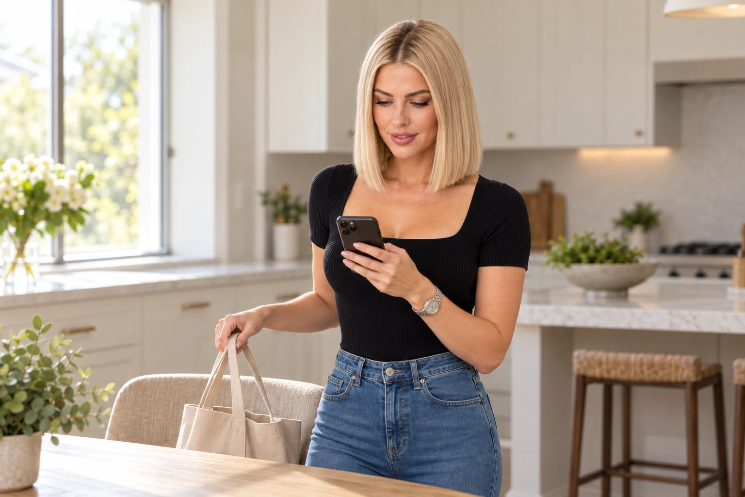 Jennifer reads her phone and picks up her bag in the same kitchen, preparing to visit the dealership.