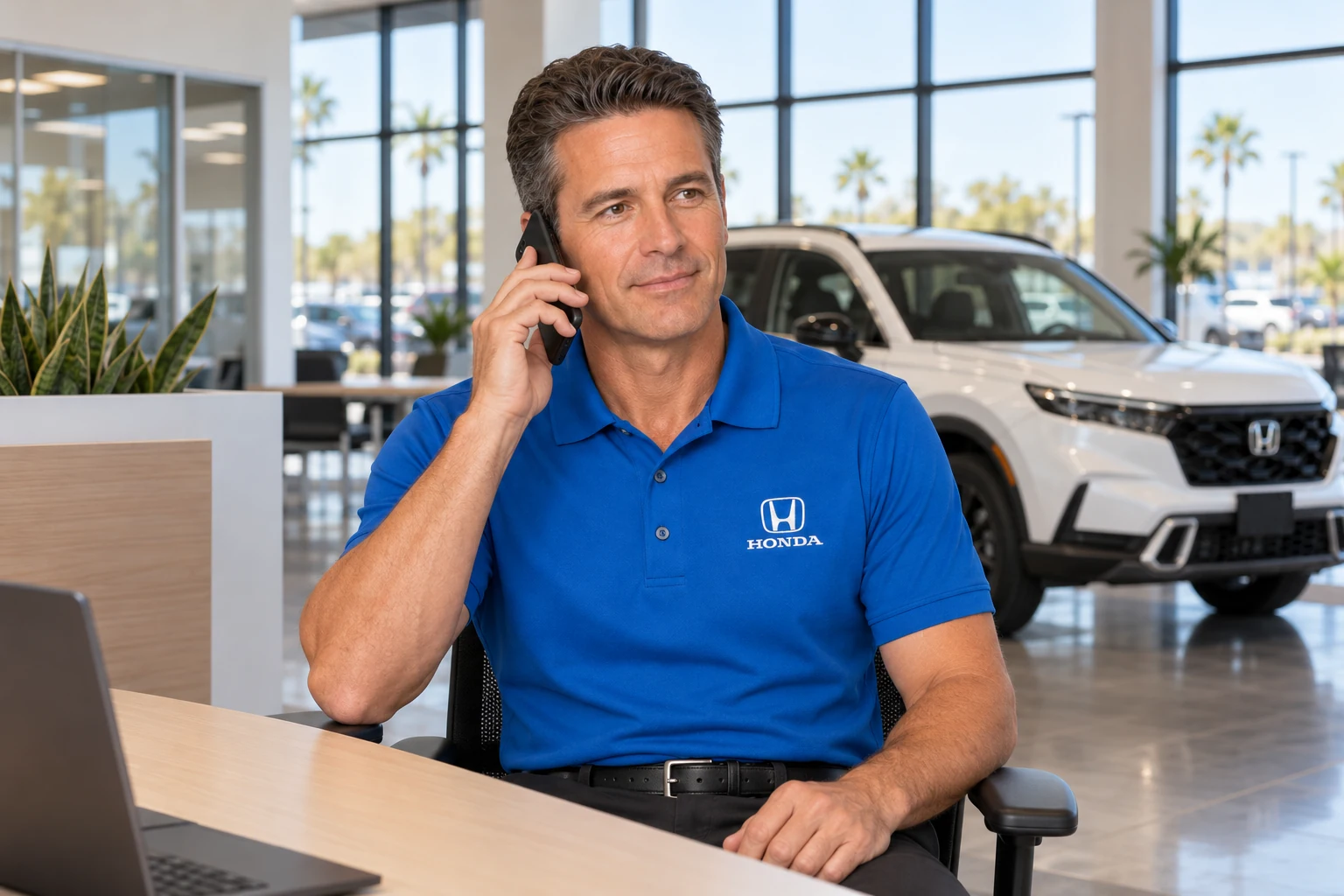 The salesman in a blue Honda polo answers Jennifer's call at his showroom desk.