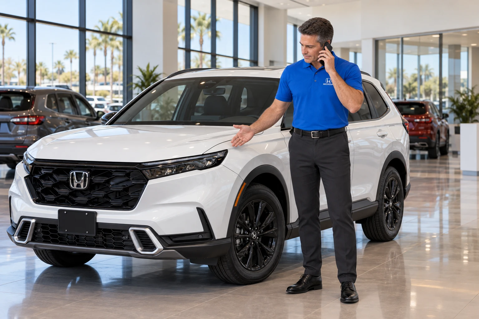 The same salesman stands beside the front corner of the white Honda CR-V, answering Jennifer's questions by phone.